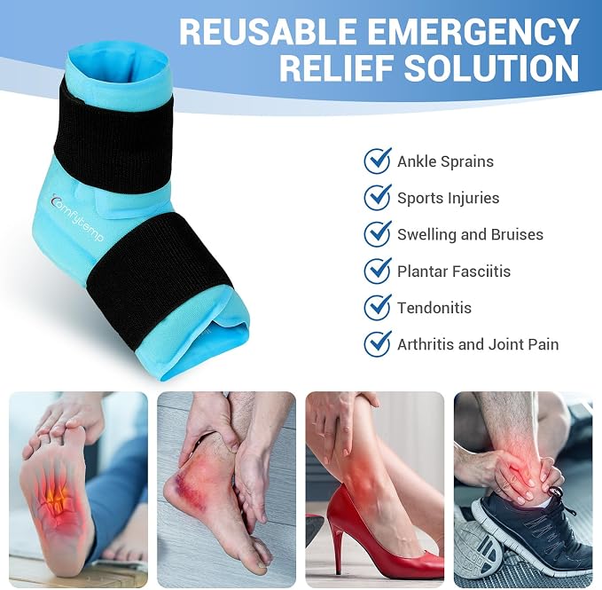 Comfytemp Ankle Foot Ice Pack Wrap for Plantar Fasciitis Relief, Gel Ankles Brace, Sprain, Heel Pain, Swelling, Achilles Tendonitis, Feet Injuries Reusable, Hot Cold Compress, FSA Eligible HSA, 2 Pack