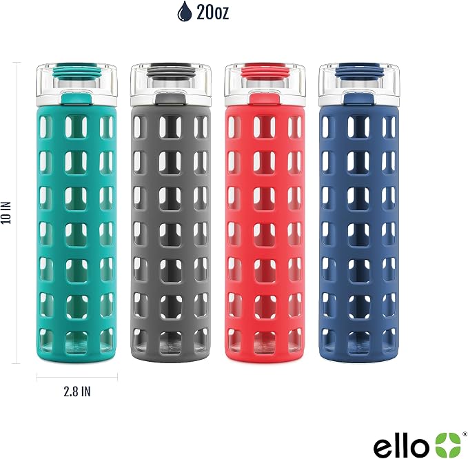 Ello Syndicate 20oz Glass Water Bottle with Flip Lid and Sleeve, Bold Blue | Glass water bottle for iced drinks with leakproof flip lid, silicone sleeve, carry loop, BPA-free, and dishwasher safe