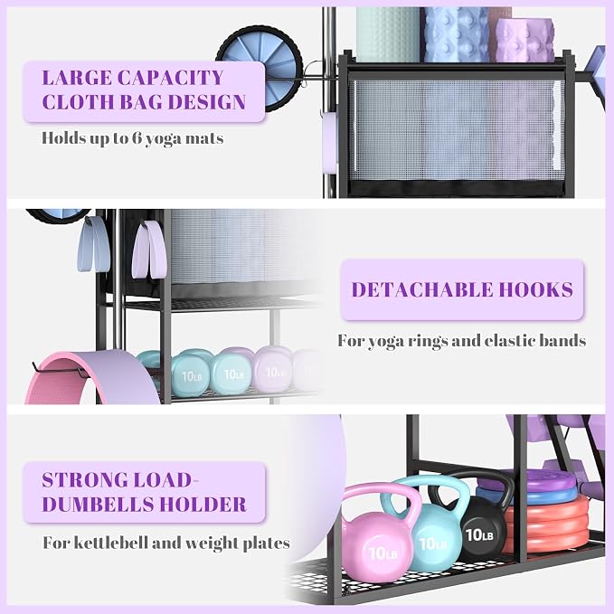 Mythinglogic Dumbbell Rack with Yoga Mat Holder and Wheels for Home Gym | Features a side dumbbell rack, yoga mat basket, shelves and hooks for kettlebells, weight plates, foam rollers and gym gear