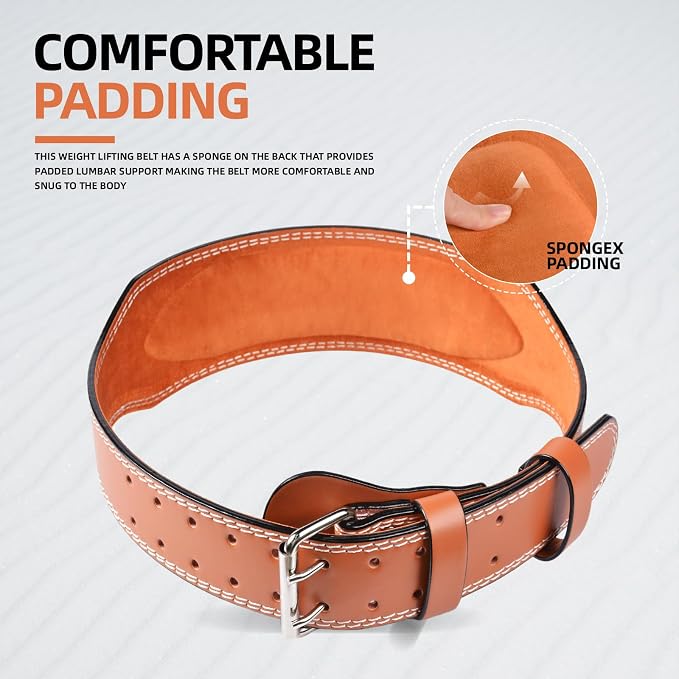 Leather Weight Lifting Belt, 4”& 6”Padded Lumbar Back Support, 10 Adjustable Holes, Gym Weight Belt Ideal for Deadlift, Powerlifting, Bodybuilding and Squat