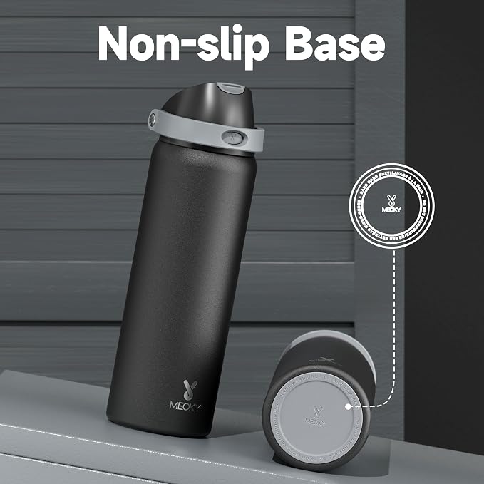 32 oz Insulated Water Bottle for Sports: Meoky Stainless Steel Water Bottle with 2-in-1 Straw and Spout Lid - Leak Proof, Cold for 24 Hours, Protective Silicone Base, BPA-Free for Gym, Night