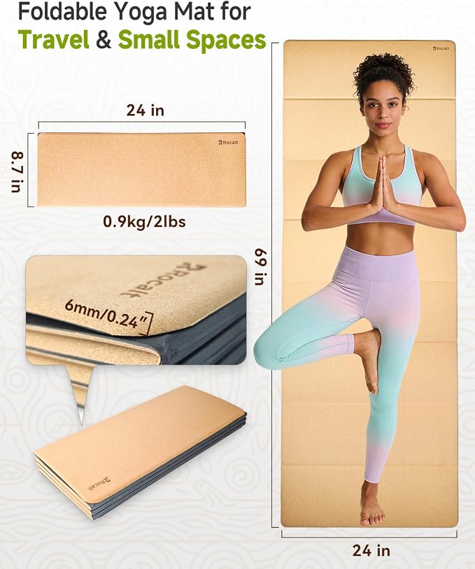 Rocalt Foldable Cork Yoga Mat, Non Slip Travel Pilates Workout Mat | 69 x 24 x 0.25 in, accordion-fold design, POE backing, carry strap for yoga, stretching and travel