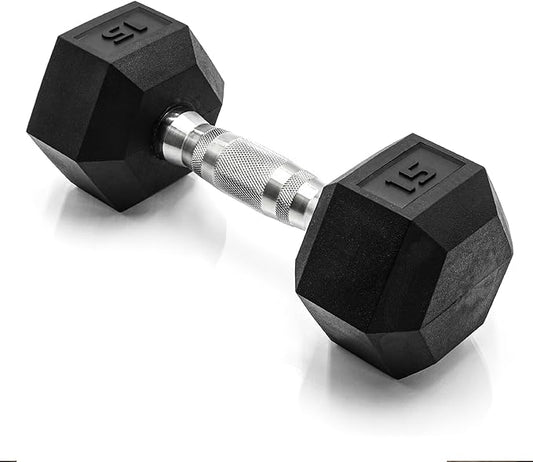 CAP Rubber Coated Dumbbell Weights, Free Weights for Home Gym Strength Training, Anti-Roll Hex Dumbbells with Black, Chrome & Comfort Grip Handles, Singles