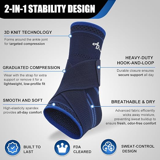 ABIRAM Ankle Brace for Men & Women - Adjustable Compression Sleeve with Wrap, Stability Support & Relief for Sprained Ankle, Plantar Fasciitis & Achilles Tendonitis - Breathable Running & Sports Gear