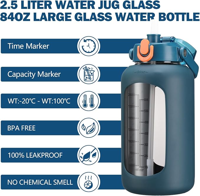 84oz Glass Water Bottle with Straw, 2.5 Liter Large Water Bottle with Silicone Sleeve and OZ Marker, Wide Mouth Gallon Glass Bottle with 2-in-1 Lid, Leakproof Water Jug for Gym Home, Blue