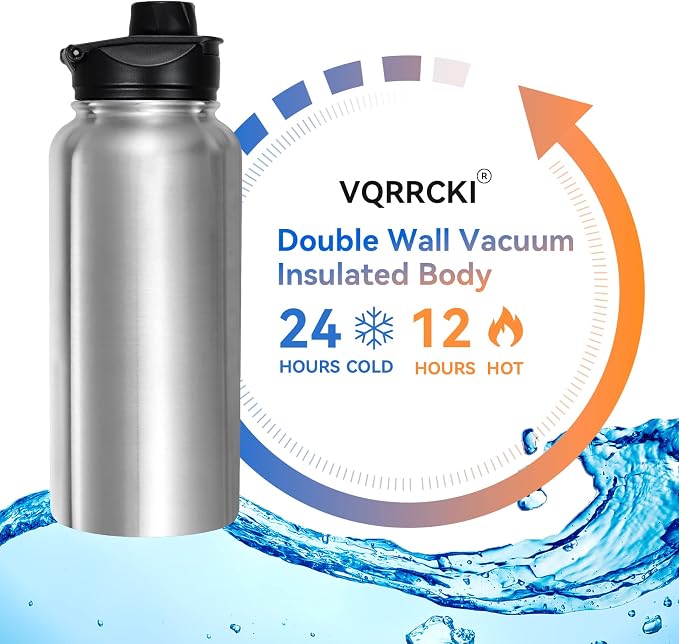 32 oz Insulated Water Bottle with Straw Lid & Wide Mouth Lids, Stainless Steel Sports Water Bottles, Double Walled Vacuum, Leak Proof, Stainless Steel