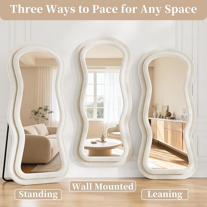 Mirror Full Length Flannel, 63"x24" Full Body Mirror with Stand | Flannel Floor Mirrors, Standing Mirror for Bedroom, Living Room, Dressing Room, Hanging Leaning Wall Mirror, Beige