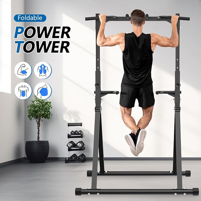 Foldable Pull Up Bar Pull Up Station,Power Tower with Triangular Structure, Multi-Functional Dip Station for Home Gym 300LB