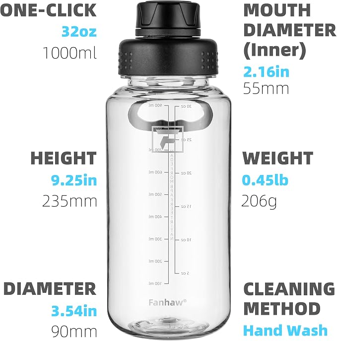 Fanhaw 32 oz Clear BPA-Free Tritan Water Bottle with Fast-Flow Spout Lid, BPA-Free & Leak-Proof Wide-Mouth Reusable Bottle for Gym, School & Office, Back to School Essentials (Clear&Black)