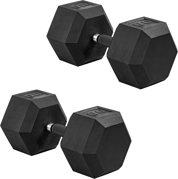 CAP Rubber Coated Dumbbell Weights, Free Weights for Home Gym Strength Training, Anti-Roll Hex Dumbbells with Black, Chrome & Comfort Grip Handles, Pairs & Sets