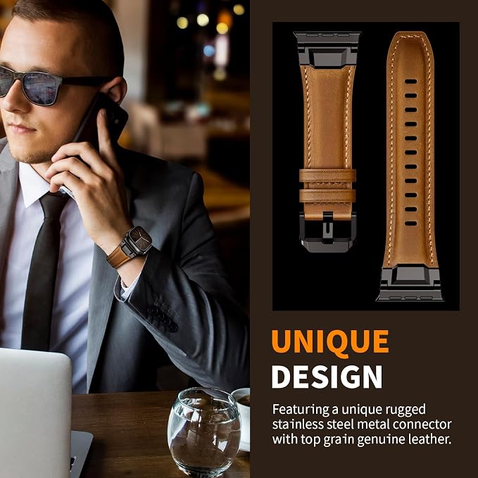 Bands Compatible with Apple Watch Ultra 3/2/1 Band 49/46/45/44mm | Genuine Leather Metal Connector Strap for iWatch Ultra Series 11/10/9/8/7/SE/6/5/4/3/2/1, Retro Brown/Black