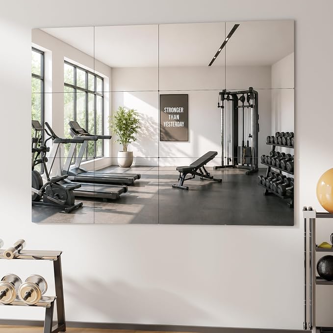12 Pack Tempered Glass Gym Mirror Tiles 12" x 12" Each Self-Adhesive Wall Mirrors, Frameless Workout Mirrors for Home Gym Workout Yoga