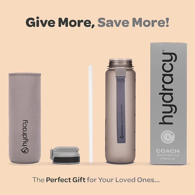 Hydracy Motivational Water Bottle with Time Marker and Straw Lid 32 oz | Leakproof,BPA Free,No Sweat Neoprene Sleeve,Carry Strap,Daily Intake Tracking for Fitness & Outdoors