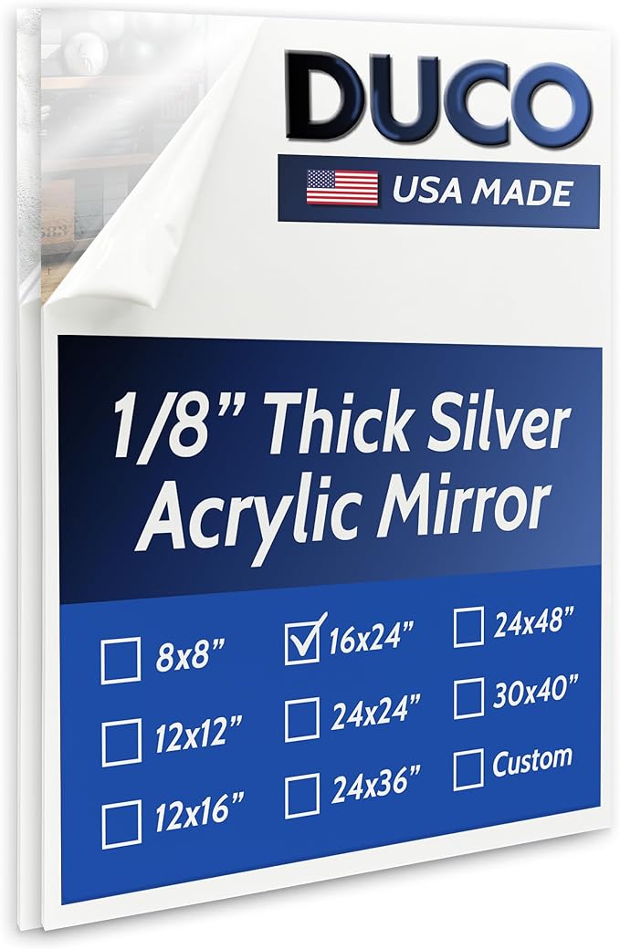 Duco USA-Made Acrylic Mirror Sheet 1/8 Inch Thick 16" x 24" (with Adhesives) - Pack of 2 Silver Frameless Plastic Mirror for Walls, Home Gyms, Bathrooms, & More - Shatter-Proof Mirrored Plexiglass