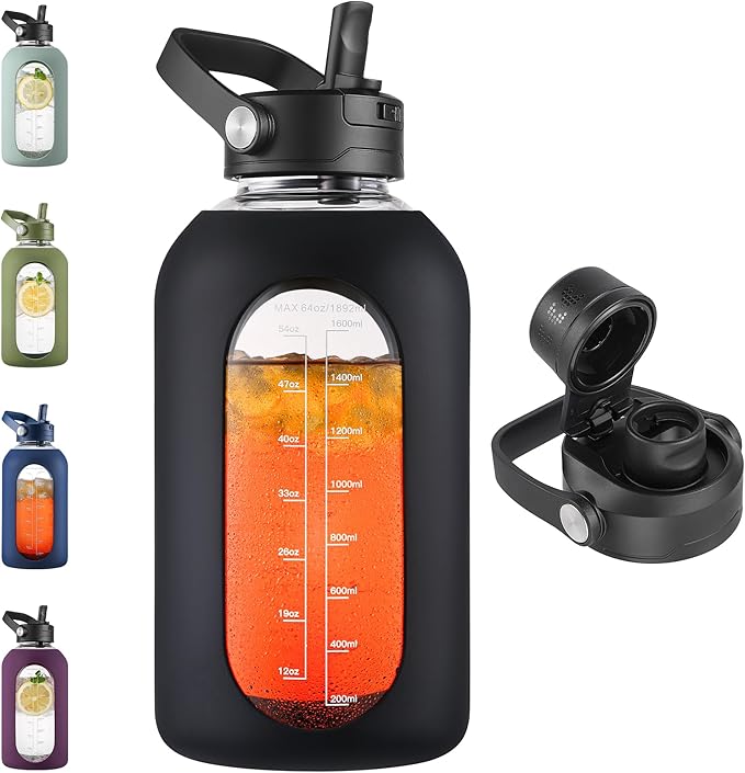 CIVAGO 64 oz Glass Water Bottle Jug with Detachable Straw and Time Maker | Half Gallon Motivational Large Flask Cup with Handle, Leakproof Lids, Wide Mouth, Silicone Sleeve, Tumbler for Juice, Black