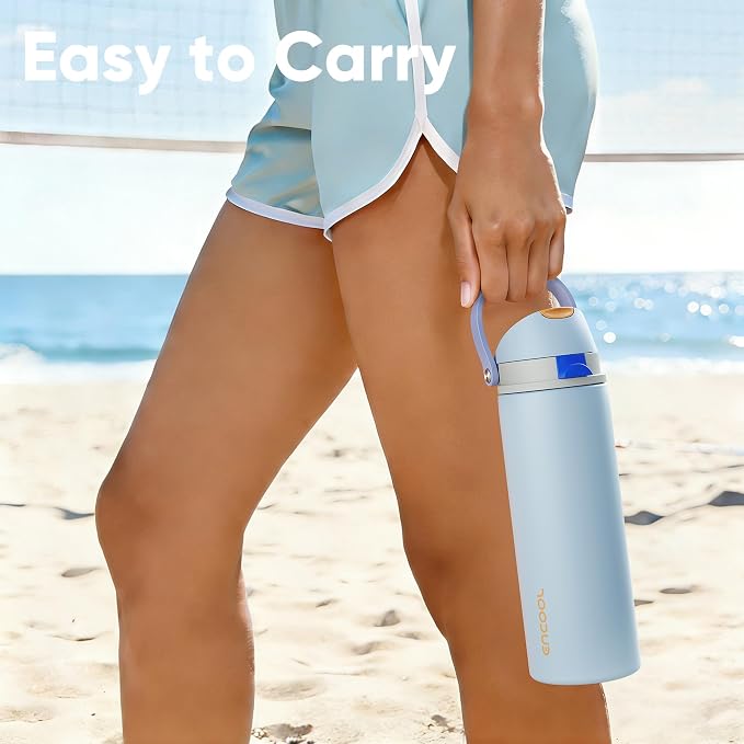 ENCOOL Insulated Water Bottle with Straw Stainless Steel Water Bottle with Push Button Lid, Leak-Proof & BPA-Free, Keeps Cold for 24 Hours for Sports, Travel, Gym (32 oz, Hazy Blue-Blue)