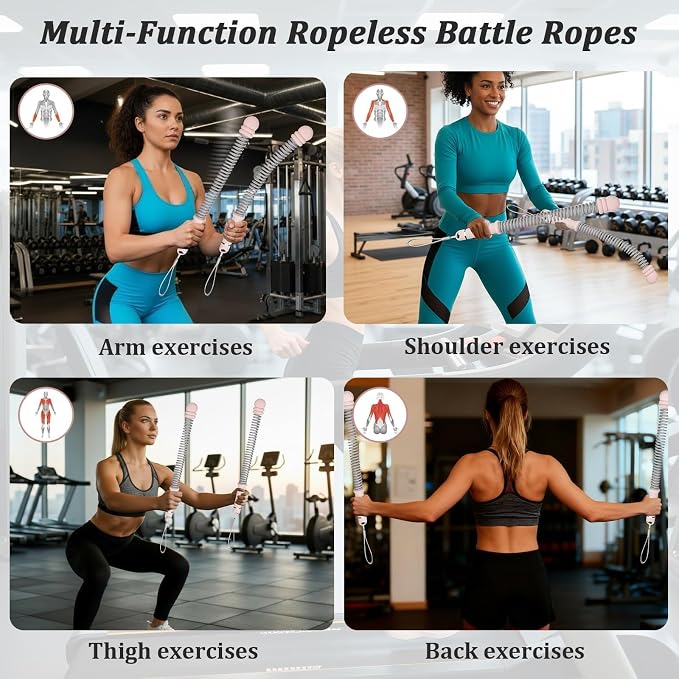 Ropeless Battle Ropes, 2 Pack Portable Cordless Battle Ropes for HIIT & Cardio Full-Body Workout Tool with Non-Slip Spiral Handles, Travel-Friendly Home Gym Equipment for Women