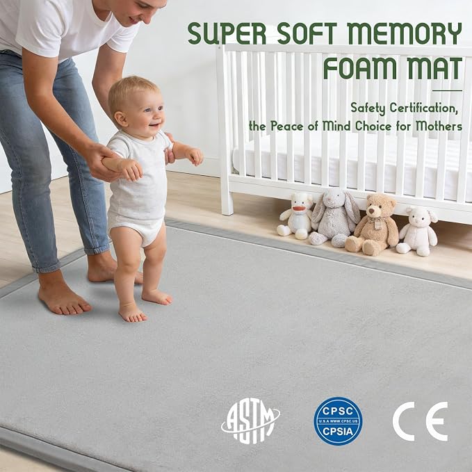 Baby Play Mat for Floor, 79'' x 79'' Thicken Foam Soft Padded Playmat for Tummy Time, Playpen Mat for Toddlers Infant Kids, Water-Repellent Coral Velvet, Non-Slip Bottom Safe for Crawling (Light Grey)