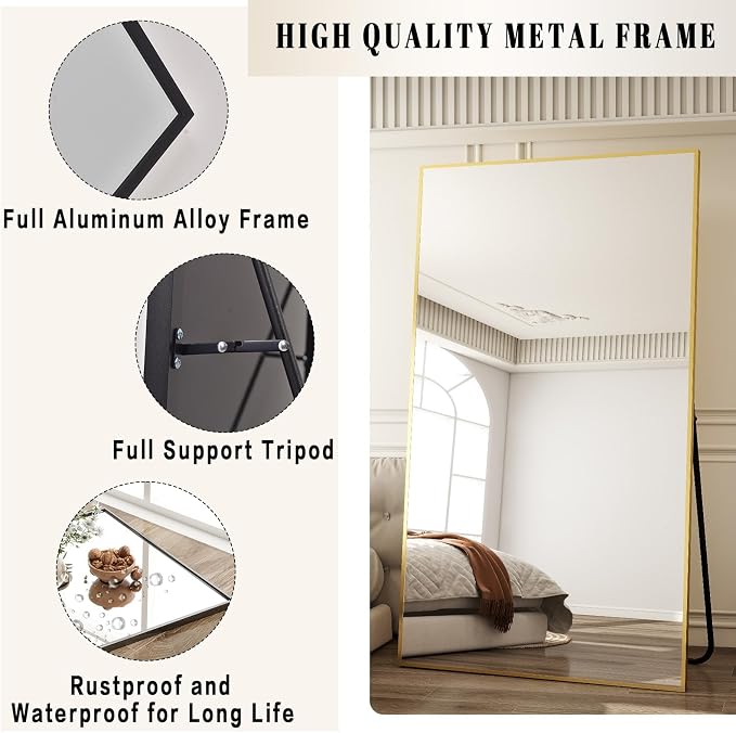 BEAUTYPEAK 71"x36" Rectangle Full Body Floor Mirrors, Full Length Mirror | Hanging or Leaning, Aluminum Alloy Frame Wall Mirror for Bedroom, Dressing Room, Gold