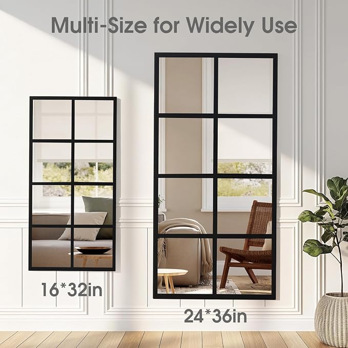 DUMOS 2Pcs Window Pane Wall Mirror, 16x32 Inch Black Framed Mirrors for Wall Decor Living Room, Black Metal Framed Big Square Mirror for Bathroom, Bedroom, Entryway