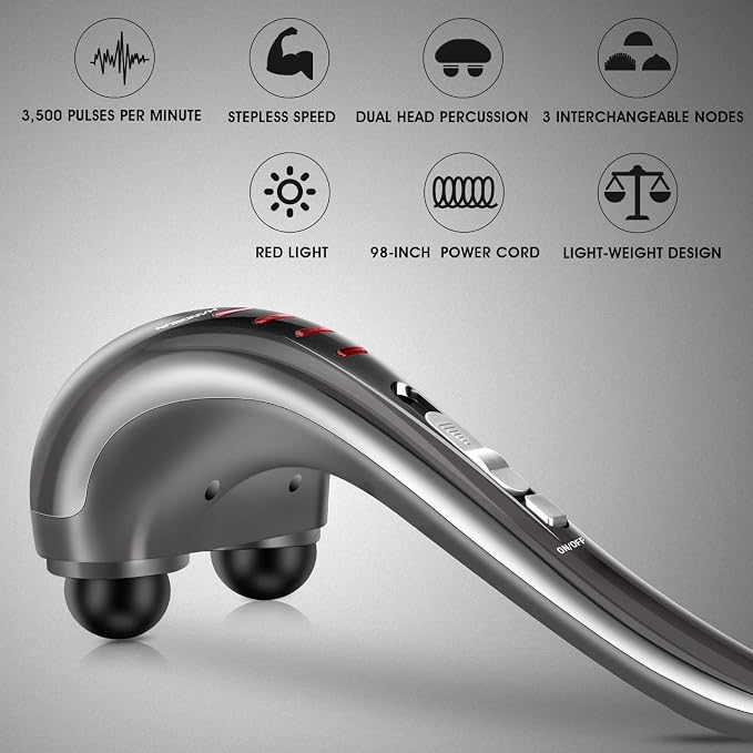 HANGSUN Handheld Back Massager for Pain Relief, Electric Double Head Percussion for Neck, Shoulder, Leg, Foot, Body Muscle Relaxation, Deep Tissue Massager MG460, Corded, 2.3 lbs, Metallic Gray