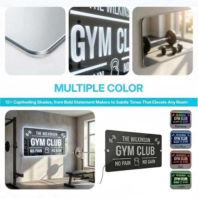 Large Custom LED GYM Sign, Handmade Persoanlized 3D Mirror Gym Dumbbell Barbell Light Sign for Home, Light up Sign for Man Cave, Garage Gym & Fitness Room Sport Workout Room