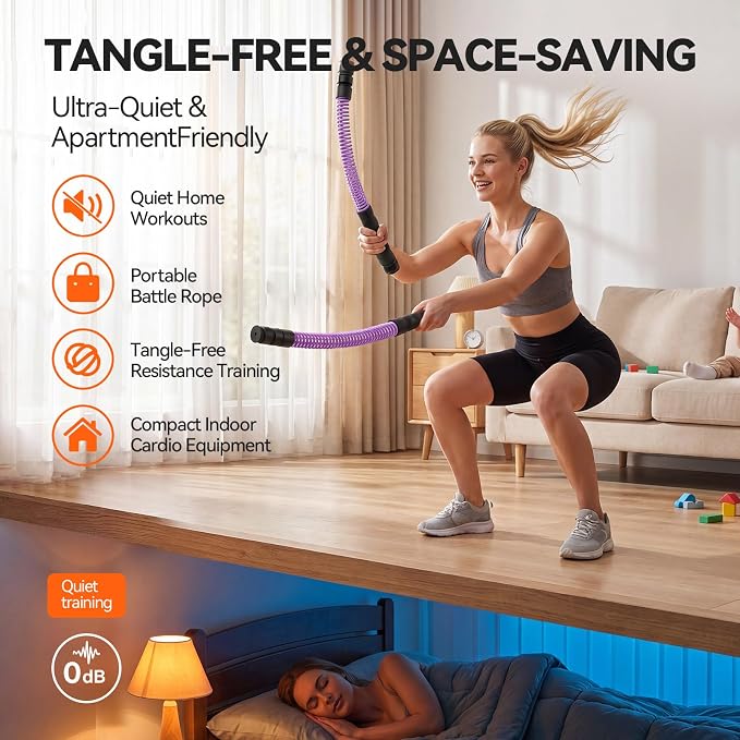Cordless Ropeless Battle Ropes for Home Gym, 3 Adjustable Resistance, Heavy Duty Strength Training Equipment for HIIT, Full Body Workout, Men & Women, Purple