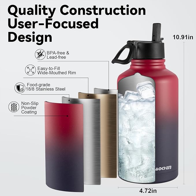 KXIAOCHEN Insulated Water Bottle with Strap, 48-Hour Cold, 2 Lids | Triple-wall insulation, lead-free 18/8 Stainless steel, paracord handle, carabiner clip, for gym, hiking, camping and travel
