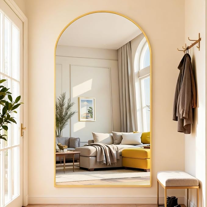 Full Length Mirror 82" L x 44" Full Body Standing Mirror for Bedroom, Living Room, Gym, Dorm - Shatter-Resistant & Easy Assembly, Arched Style Gold
