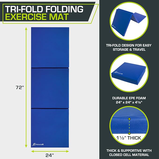 ProsourceFit Tri-Fold Folding Thick Exercise Mat 6’x2’ with Carrying Handles for MMA, Gymnastics, Stretching, Core Workouts