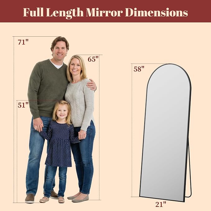 Suidia 58"x21" Arched Full Length Mirror with Stand, Full Body Mirror with Aluminum Frame, Freestanding/Leaning/Wall-Mounted, Floor Mirrors for Bedroom, Living Room, Entryway, Dressing Room, Black