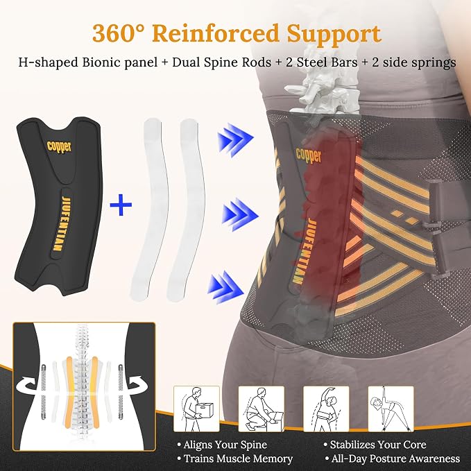 JIUFENTIAN Copper Lower Back Brace for Men and Women, X-Large | Removable Dual Spine Rods & Therapy Pocket & Ultra Breathable-Sciatica, Scoliosis, Lower Back Pain Relief & Work Support