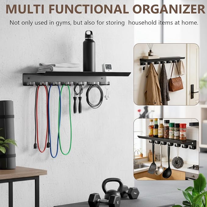 Floating Shelf Organizer, Space Saving Home Gym Storage Rack,Black | Workout Metal Holder with Hooks, Multi Purpose Wall Shelves for Fitness Equipment, Towel, Water Bottle
