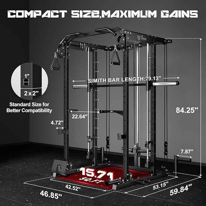 S1-V4 Smith Machine, 2000LBS Power Cage with Cable Crossover System, All-in-One Squat Rack with Smith Bar, Strength Training Equipment for Home Gym