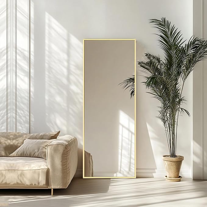 Gold Floor Mirror 48x16 inch, Full Body Mirror, Metal Frame | Brushed Gold Metal Frame, No Distortion, Rust-proof, Floor Mirrors for Nursery, Baby Room, Entryway, Party, Dressing Room