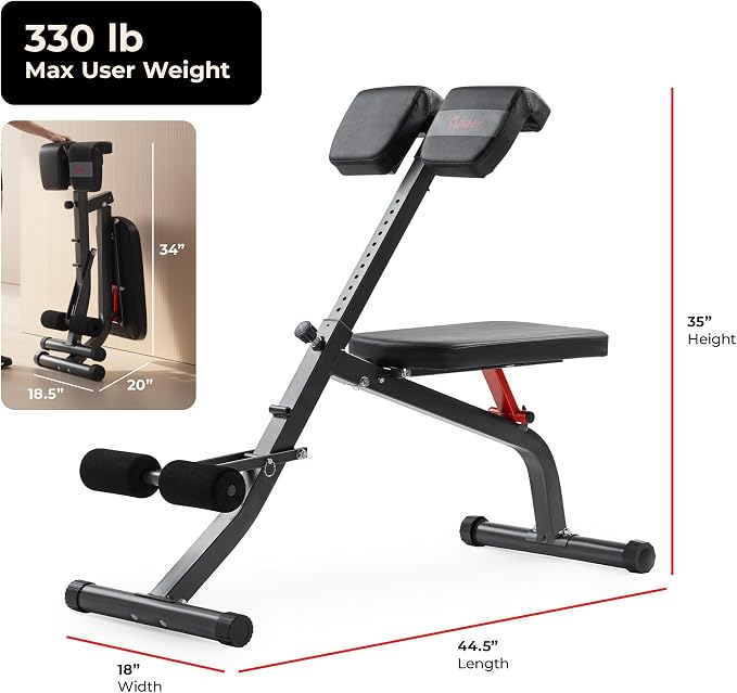 Sunny Health & Fitness Foldable Roman Chair, Back Hyperextension Bench | Adjustable Height, Folds Flat for Storage, Built in Dip Station, Targets Back, Abs & Core, Crunches & Back Extensions