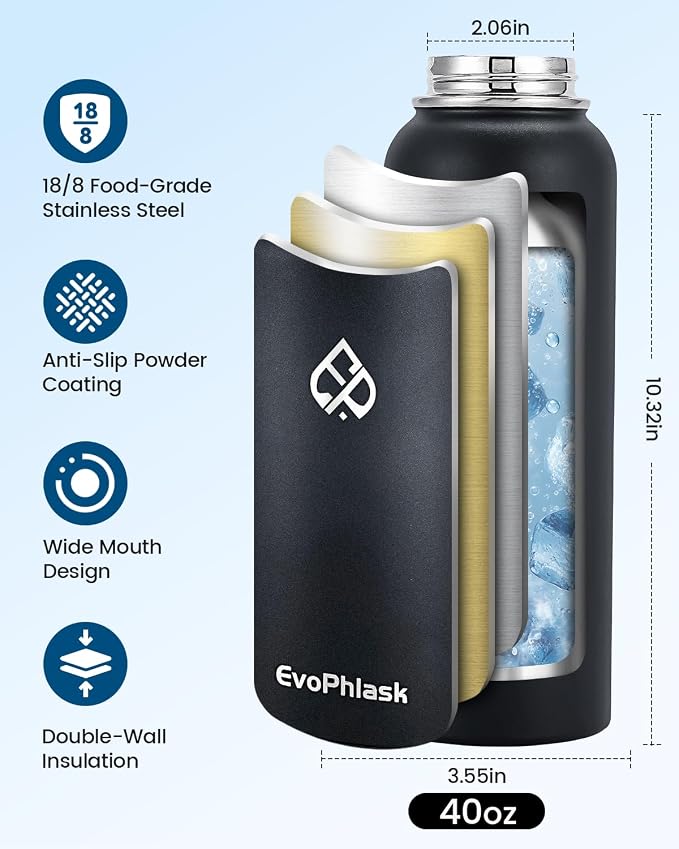 Insulated Water Bottle 40 oz with Carrier Bag, Black | Stainless Steel, Vacuum Insulated Keep Cold 48 Hrs, Large Metal Water Jug, For Travel, Sport, Gym, Hiking