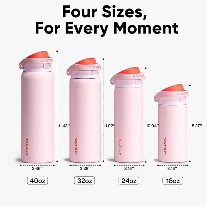 ENCOOL Leakproof Insulated Water Bottle with Straw Dual-Sip Water Bottle Bag-Safe Design for Work, Commute & Gym – Keeps Drinks Cold All Day, 24 oz, Lychee Pink