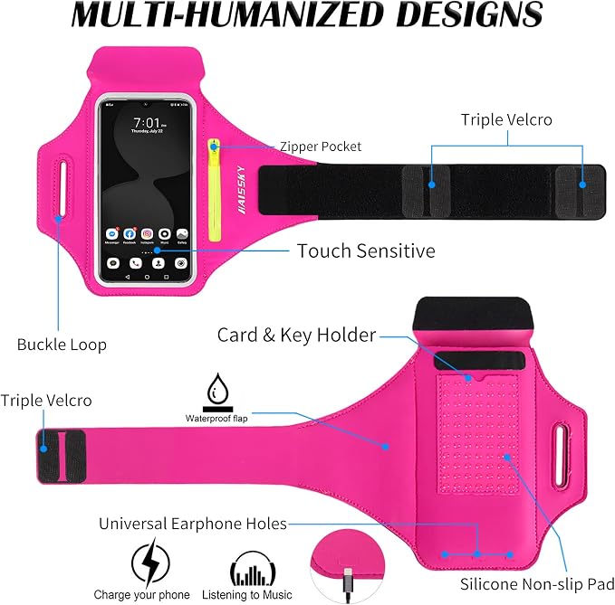 Running Armband with Earphone Pouch Fits Phones up to 6.9" | Cell Phone Armband for iPhone, Water Resistant & Breathable Sports Phone Holder & Zipper Pocket Car Key Holder for Jogging