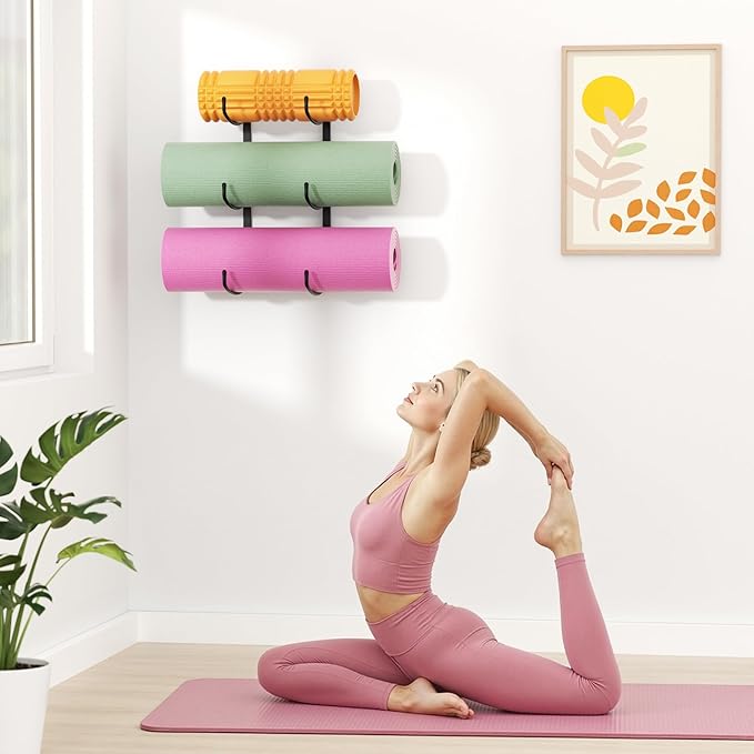 Yoga Mat Holder Wall Mount, 3-Tier Storage Rack for Yoga Mat, Foam Roller, Block, Yoga Accessories, Wall Organizer for Home Gym, Gym, Workout Room, Metal, Black