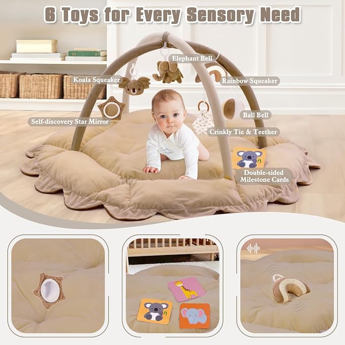 5-in-1 Plush Baby Play Gym, Activity Mat with Convertible Gym, Baby Gym 6 Sensory Toys, Play Center for Newborn to Toddler, Brown