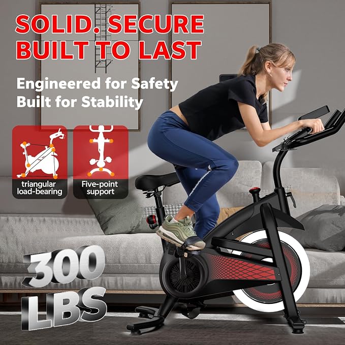 Exercise Bike with Bluetooth, Wool Felt Brake Pad Stationary Bike - 300lb Weight Capacity Quiet Belt Drive Indoor Cycling Bike for Home Cardio, Adjustable Handlebar & Extra Soft Seat, Digital LED Monitor