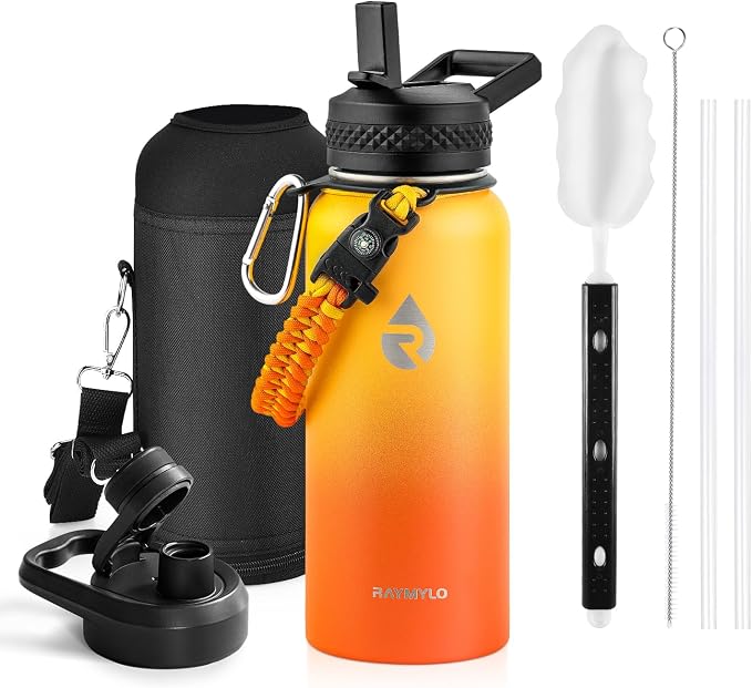RAYMYLO Insulated Water Bottle 32 oz, Triple Wall Vacuum Stainless Steel | (Cold for 24Hrs, Hot for 12Hrs), Leak Proof & Non-BPA, Modern Water Flask Jug with Paracord Handle & Straw Spout Lids