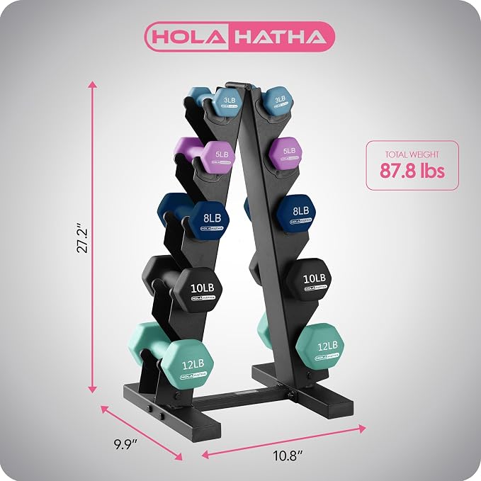 HolaHatha 1, 2 and 3 lb Neoprene Dumbbell Strength Training Weight Set with Rack