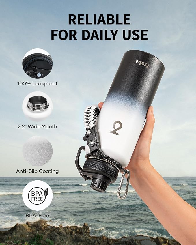 Trebo Water Bottle Insulated 40 oz with 3 Lids, Paracord Handle & Sleeve | Stainless Steel Flask Vacuum, Triple Wall Copper Plated, Dishwasher Safe, Keeps Cold 48Hrs for Hiking, Gym, Wide Mouth