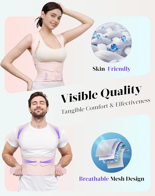 Posture Corrector for Women and Men, Full Back Support Brace, Adjustable Shoulder Straightener, Improving Posture, Relief Upper and Lower Back, Neck Pain, Pink, Medium