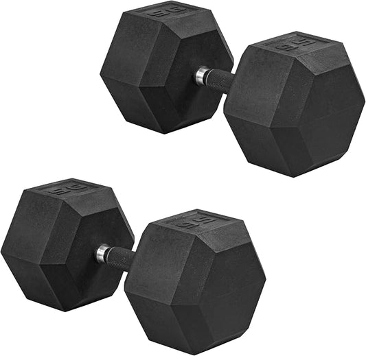 CAP Rubber Coated Dumbbell Weights, Free Weights for Home Gym Strength Training, Anti-Roll Hex Dumbbells with Black, Chrome & Comfort Grip Handles, Pairs & Sets