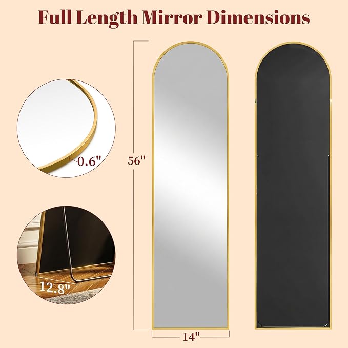 Suidia 56"x14" Arched Full Length Mirror with Stand, Full Body Mirror with Aluminum Frame, Freestanding/Leaning/Wall-Mounted, Floor Mirrors for Bedroom, LivingRoom, Entryway, Dressing Room,Gold