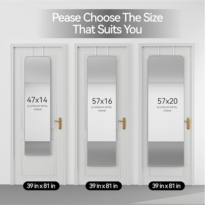 SCWF-GZ 57x16 Full Length Mirror Over The Door Hanging, Floor Stand/Wall Mounted Aluminum Alloy Frame Dressing Mirror for Bedroom Living Room 57 inch Silver