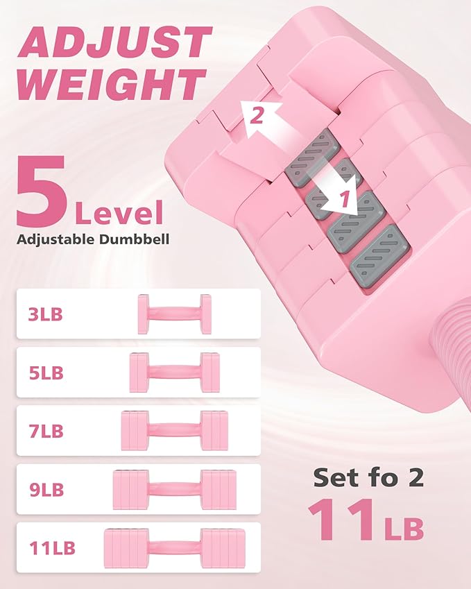 Rendpas Adjustable Dumbbell Set of 2, 10lb & 22lb Pairs (5lb/11lb Each) | Anti-Slip No-Roll Handle Weights, Bench Combo Option for Home Gym, Pilates & Strength Training